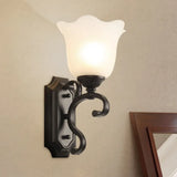Antique Milk Glass Floral Wall Lamp - Black 1-Bulb Sconce Fixture For Living Room Lighting