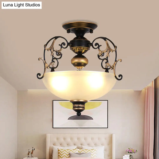 Antique Opal Glass 3-Light Black Semi-Mount Ceiling Lamp With Swirled Arm