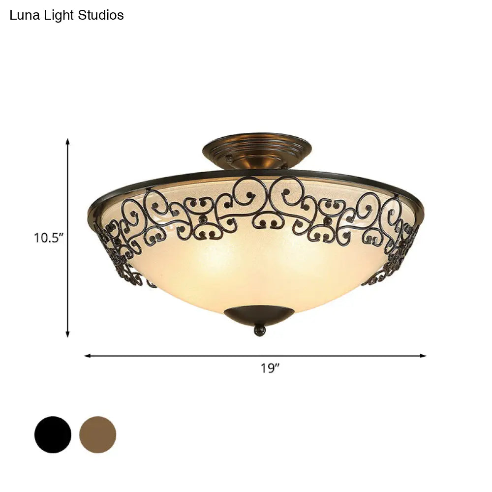 Antique Opal Glass Semi Flush Mount Ceiling Light With Gold/Black Bowl And 5 Bulbs For Dining Room
