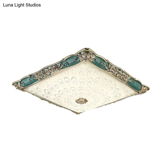 Antique Opaque Glass Led Square Flush Mount Light - Pink/Green Bedroom Ceiling Lamp