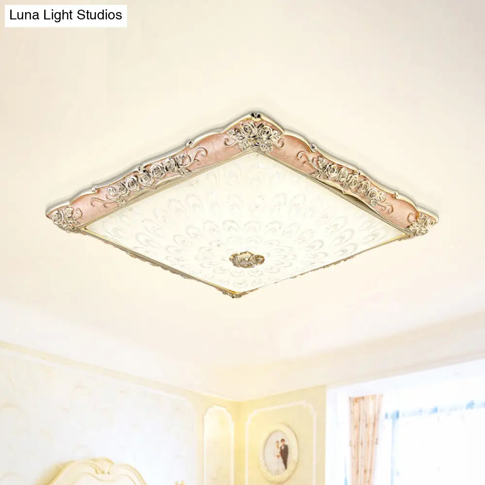 Antique Opaque Glass Led Square Flush Mount Light - Pink/Green Bedroom Ceiling Lamp