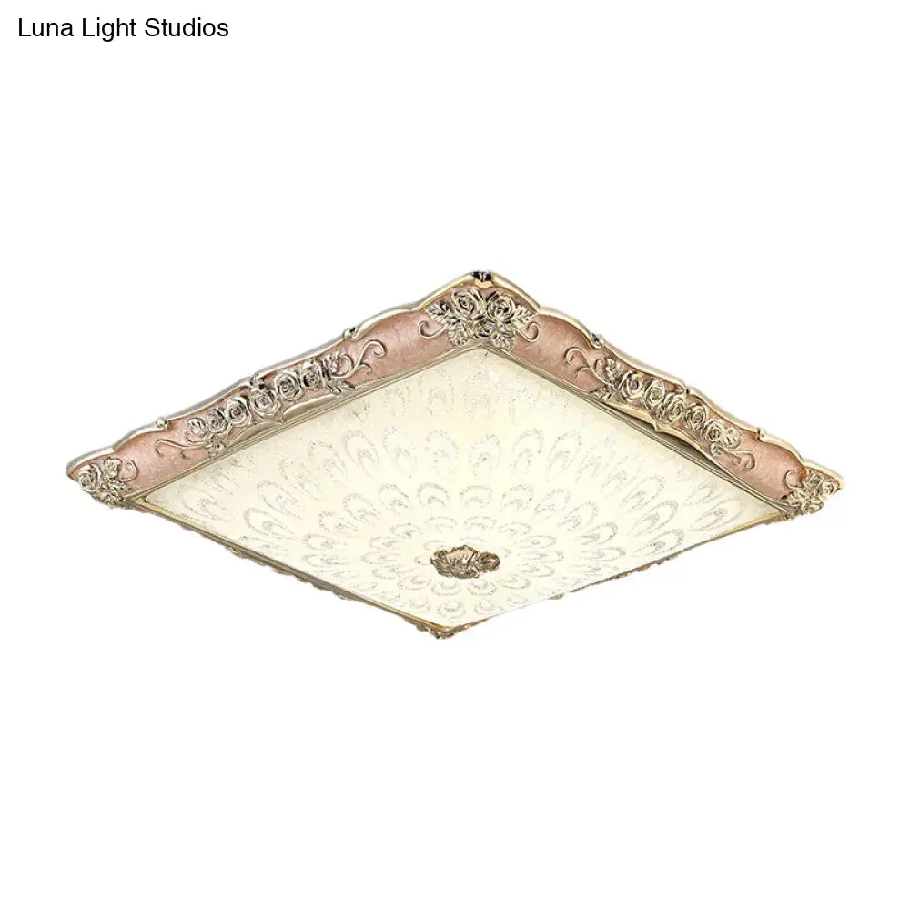 Antique Opaque Glass Led Square Flush Mount Light - Pink/Green Bedroom Ceiling Lamp