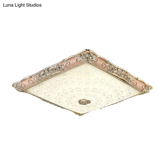 Antique Opaque Glass Led Square Flush Mount Light - Pink/Green Bedroom Ceiling Lamp