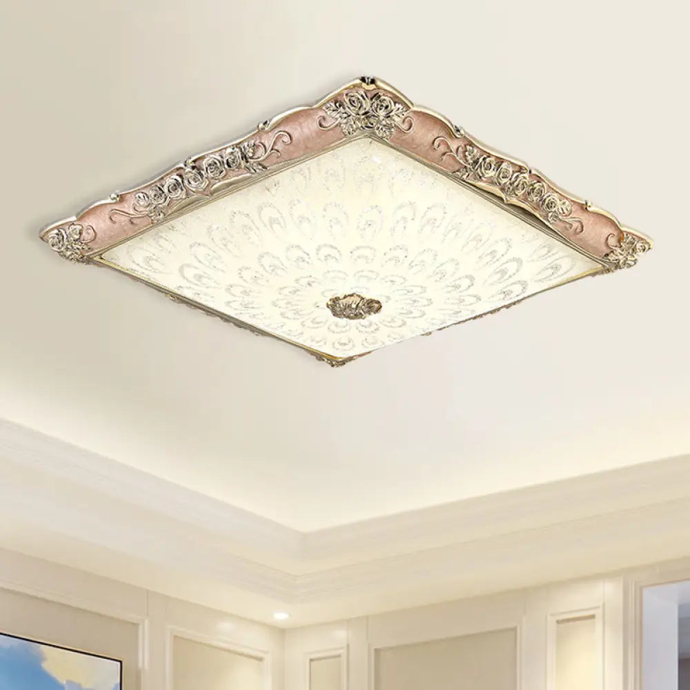 Antique Opaque Glass Led Square Flush Mount Light - Pink/Green Bedroom Ceiling Lamp Pink