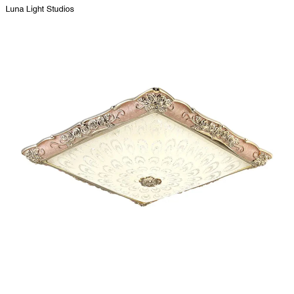 Antique Opaque Glass Led Square Flush Mount Light - Pink/Green Bedroom Ceiling Lamp