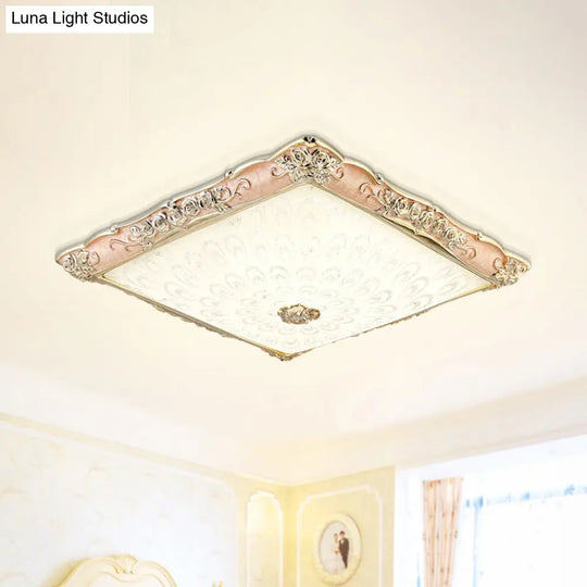 Antique Opaque Glass Led Square Flush Mount Light - Pink/Green Bedroom Ceiling Lamp