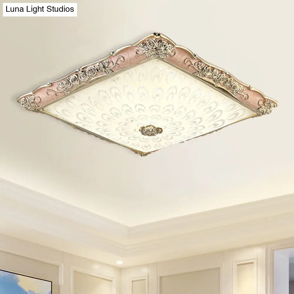 Antique Opaque Glass Led Square Flush Mount Light - Pink/Green Bedroom Ceiling Lamp Pink