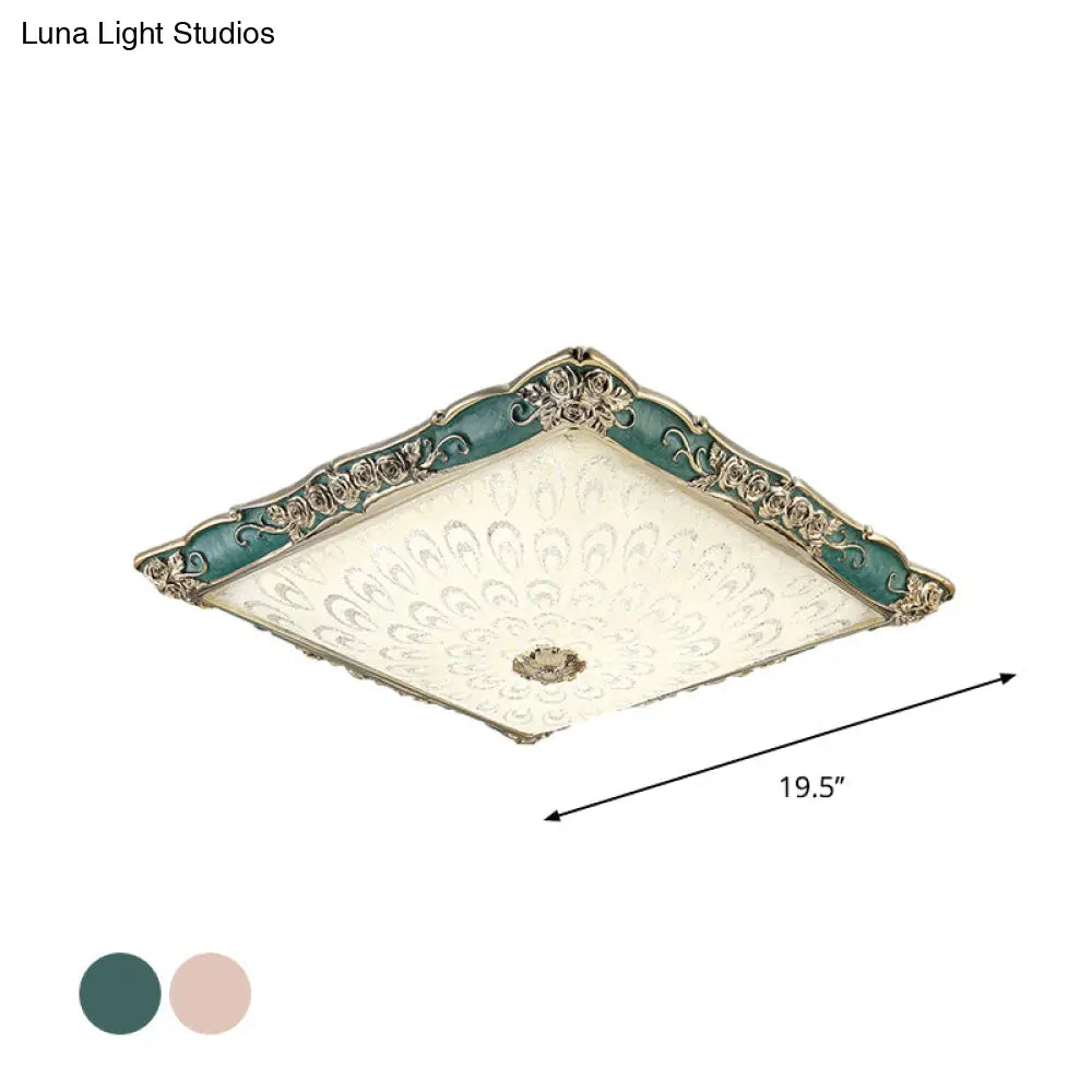 Antique Opaque Glass Led Square Flush Mount Light - Pink/Green Bedroom Ceiling Lamp