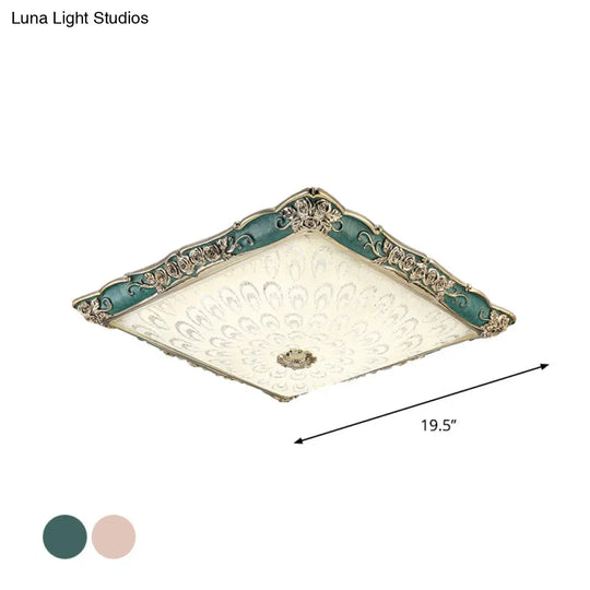 Antique Opaque Glass Led Square Flush Mount Light - Pink/Green Bedroom Ceiling Lamp
