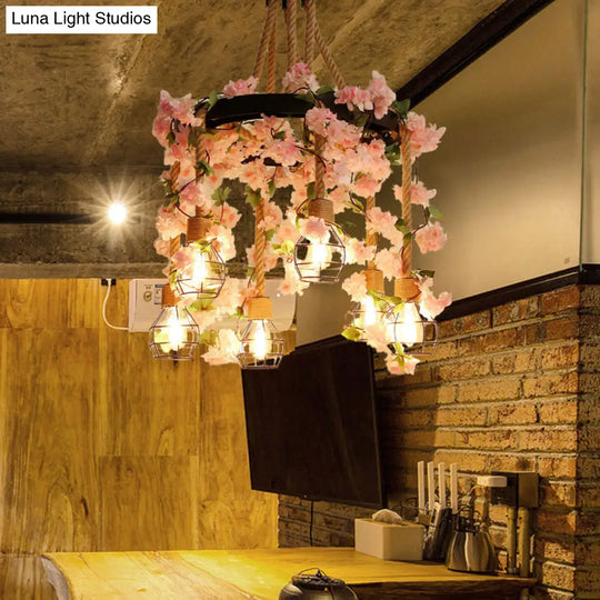 Antique Pink/Rose Red Metal Led Flower Cluster Pendant Lamp - 4/6 Lights Ideal For Restaurants