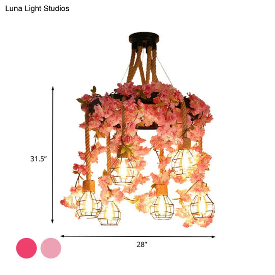 Antique Pink/Rose Red Metal Led Flower Cluster Pendant Lamp - 4/6 Lights Ideal For Restaurants