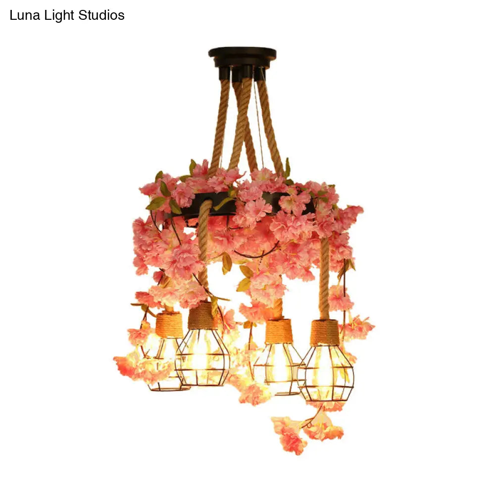 Bare Bulb Cluster Pendant Led Flower Hanging Lamp - Antique Pink/Rose Red Metal Ideal For