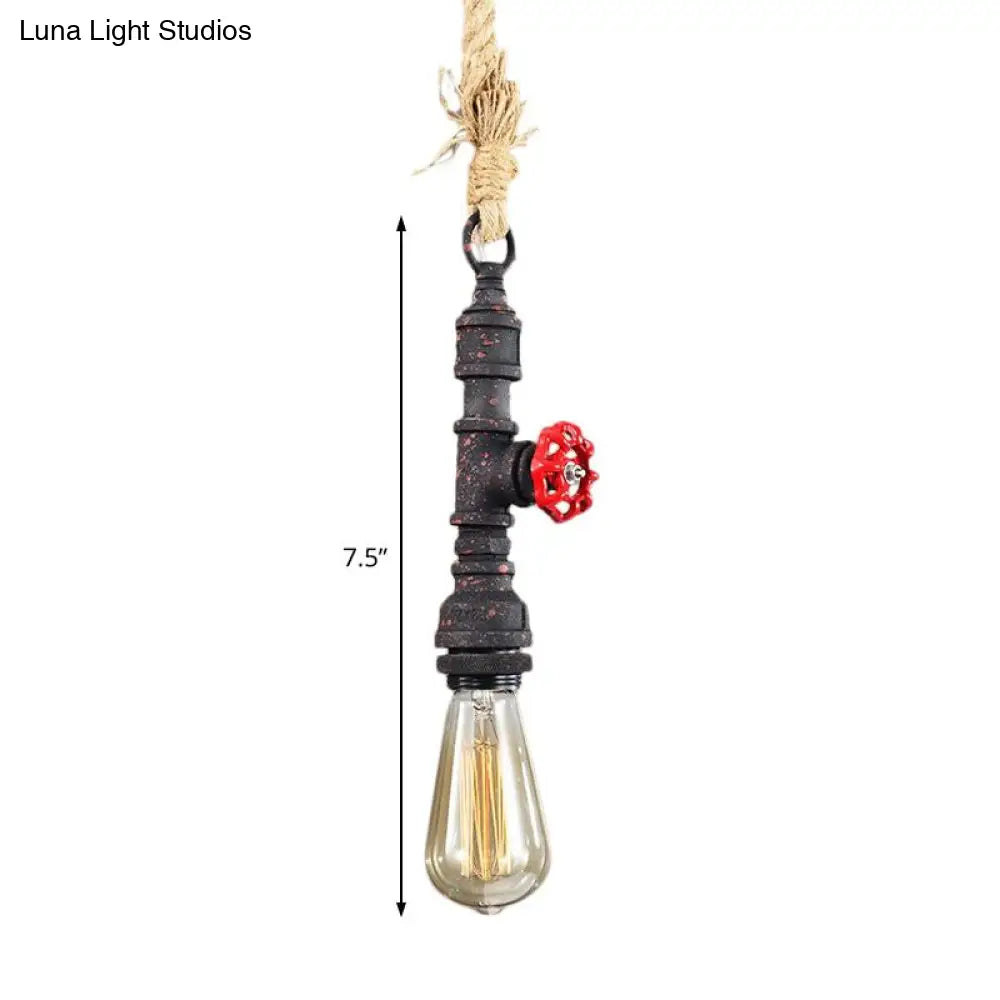 Antique Rust Metal & Rope Warehouse Pendant Light - Adjustable Ceiling Fixture With Bare Bulb