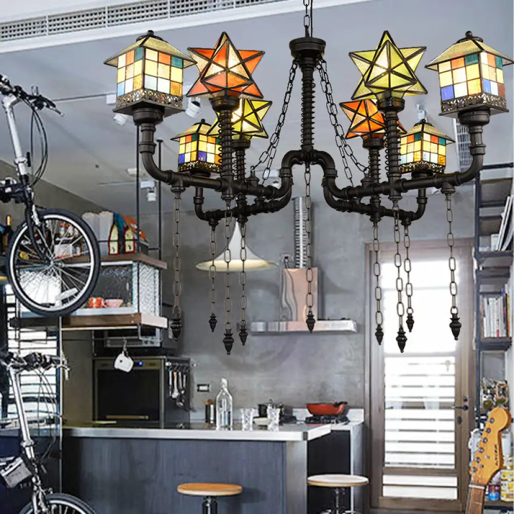 Antique Rustic House And Star Stained Glass Chandelier Ceiling Light For Living Room Black
