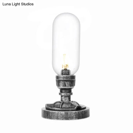 Antique Silver Industrial Desk Lamp With Clear/Amber Glass Capsule Shade And Curved Arm
