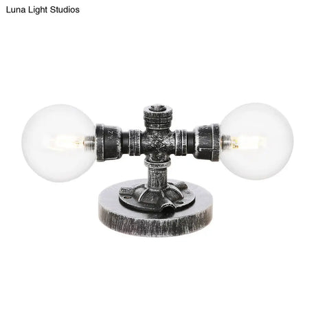 Antique Silver Round Shade Table Lamp With Clear/Amber Glass - Industrial Style 2 Lights And Sturdy