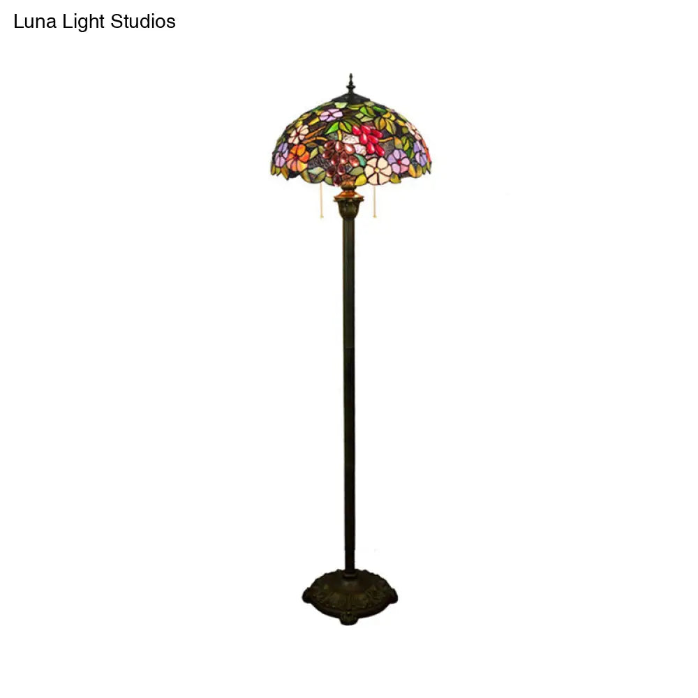 Antique Stained Glass Floor Lamp With Bowl Shade - 2 Heads Purple Standing Lighting