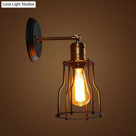 Antique Style 1-Light Black Iron Wall Mount Light With Cage Shade For Corridor Lighting