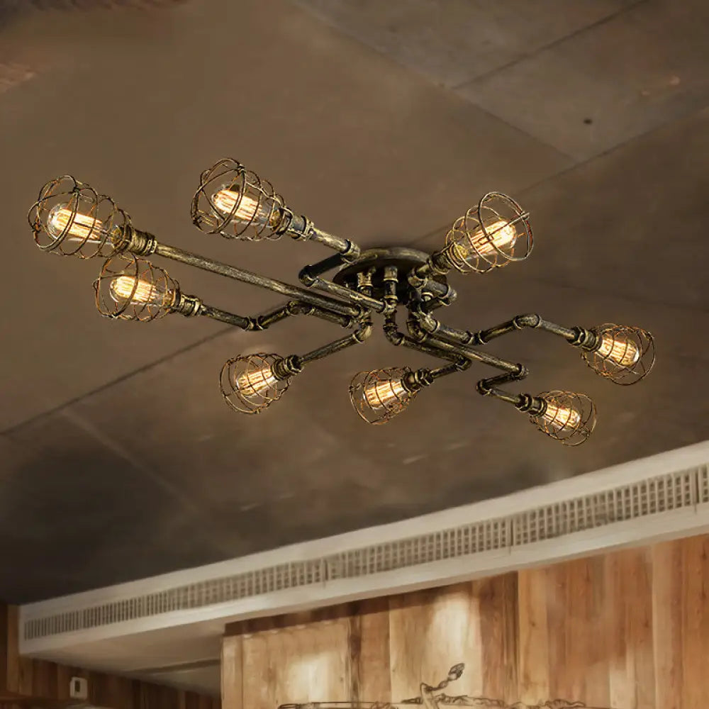 Antique Style 8-Light Bronze Twisted Pipe Ceiling Lamp With Cage Shade