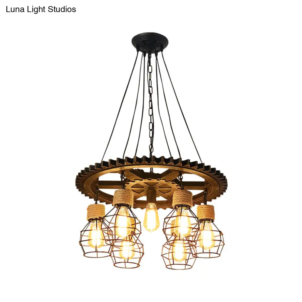 Antique Style Black Iron Pendant Light With Wire Guard - 5/7-Head Suspended Lamp Fixture