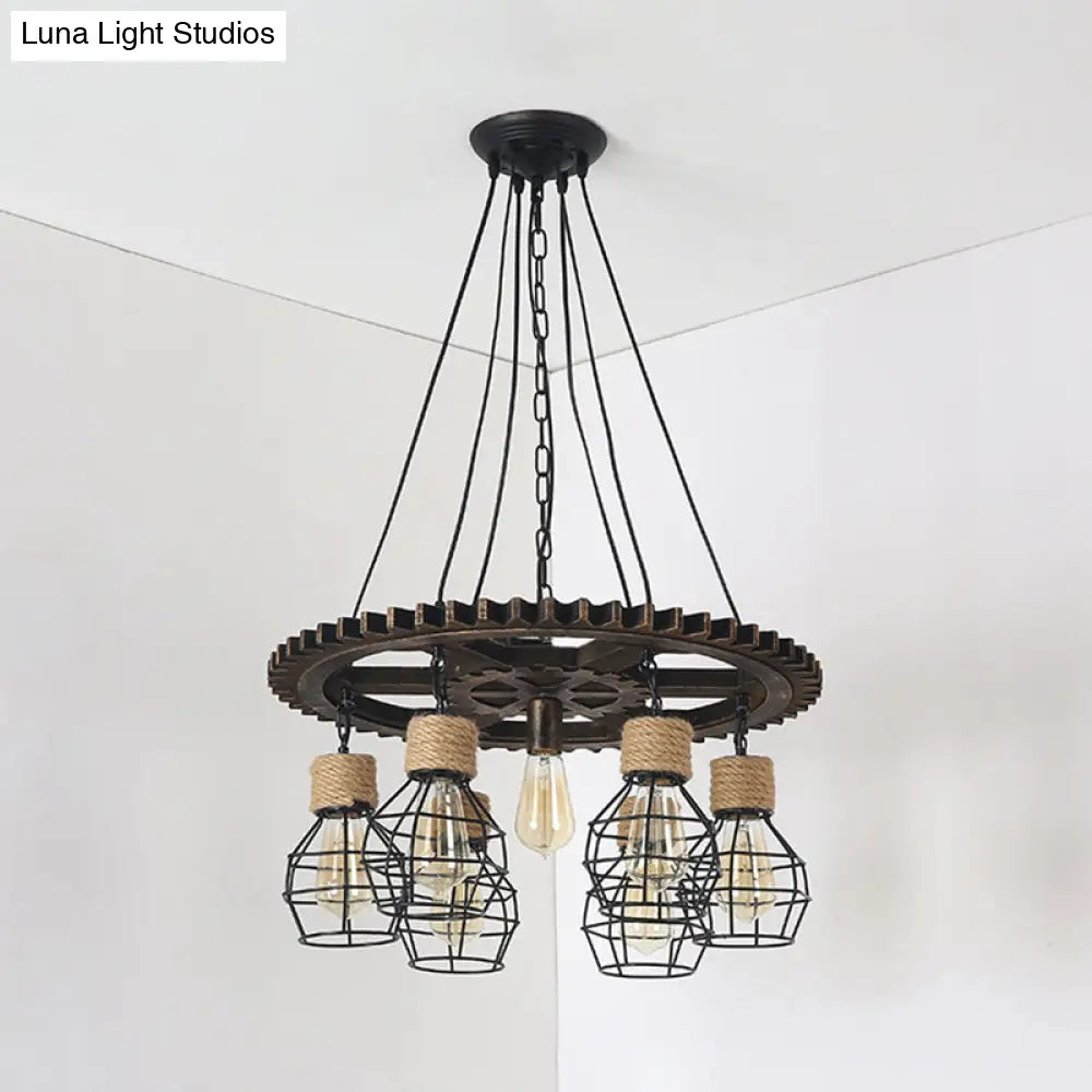 Antique Style Black Iron Pendant Light With Wire Guard - 5/7-Head Suspended Lamp Fixture
