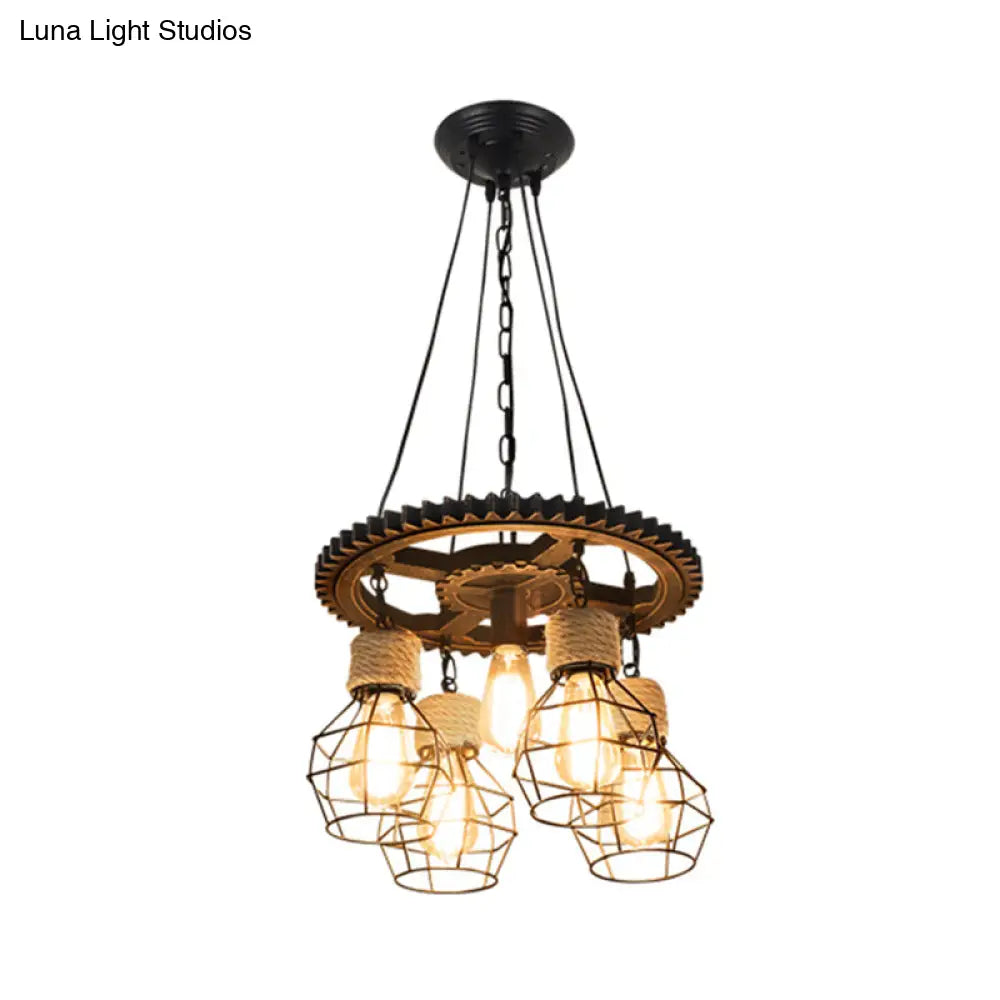 Antique Stylish Black Finish Iron Pendant Light Fixture - 5/7-Head Wire Guard Suspended Lamp With