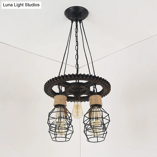 Antique Style Black Iron Pendant Light With Wire Guard - 5/7-Head Suspended Lamp Fixture