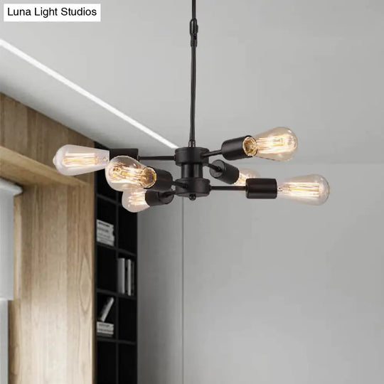 Antique Style Black Metal Chandelier With 6 Exposed Bulb Heads - Table Pendant Lamp