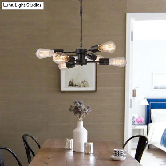 Antique Style Black Metal Chandelier With Exposed Bulbs - Perfect For Table Lighting