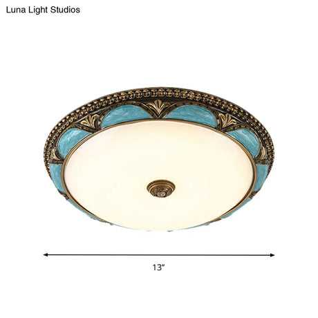 Antique - Style Blue Floral Ceiling Lamp - Cream Glass Led Bedroom Flush Mount
