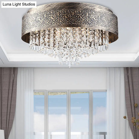 Antique Style Bronze Drum Flush Lamp With Crystal Accent 5/9 Light Iron Mount Ceiling -