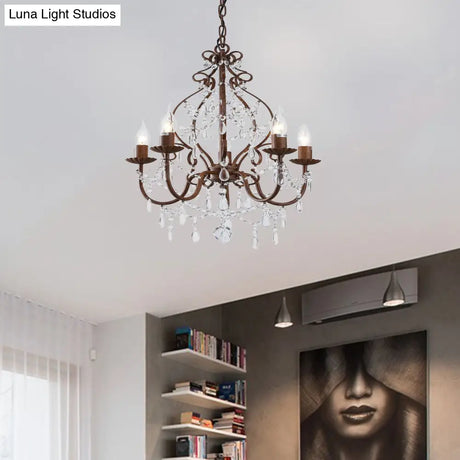 Antique Style Candle Pendant Chandelier Light With Clear Crystal Strands - 5 Lights Dark Rust