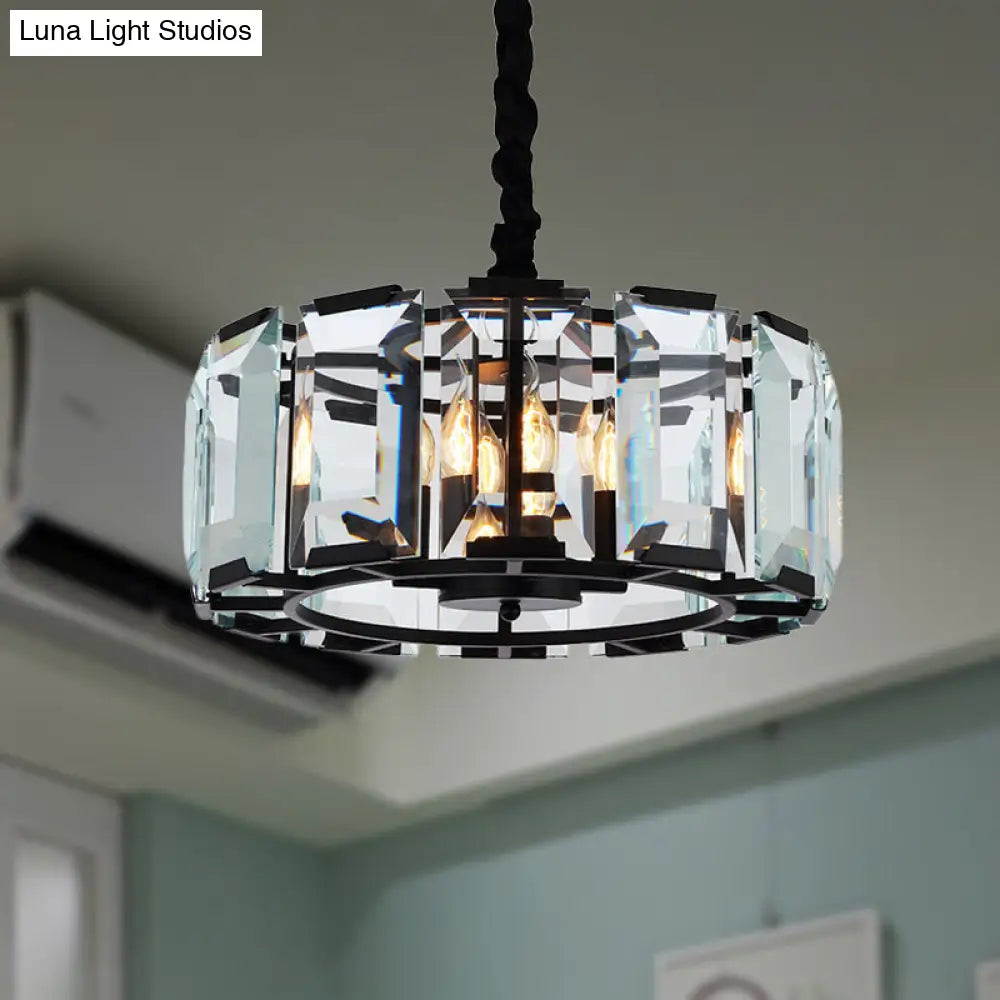 Antique Style Crystal Block Drum Ceiling Light Fixture - 4 Lights Black Chandelier For Bedroom