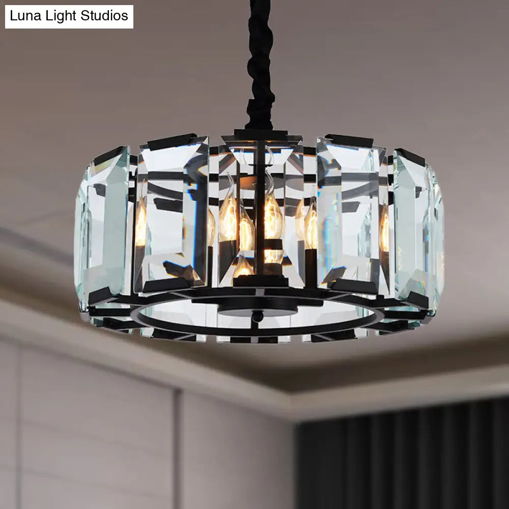 Antique Style Crystal Block Drum Ceiling Light Fixture - 4 Lights Black Chandelier For Bedroom