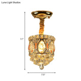 Antique Style Crystal Ceiling Light In Gold With Diamond Drops - Hallway Semi Flush Mount