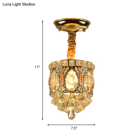 Antique Style Crystal Ceiling Light In Gold With Diamond Drops - Hallway Semi Flush Mount