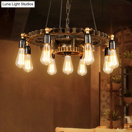 Antique Style Rust Metal Pendant Ceiling Light - 9 Lights Gear Design Fixture For Living Room