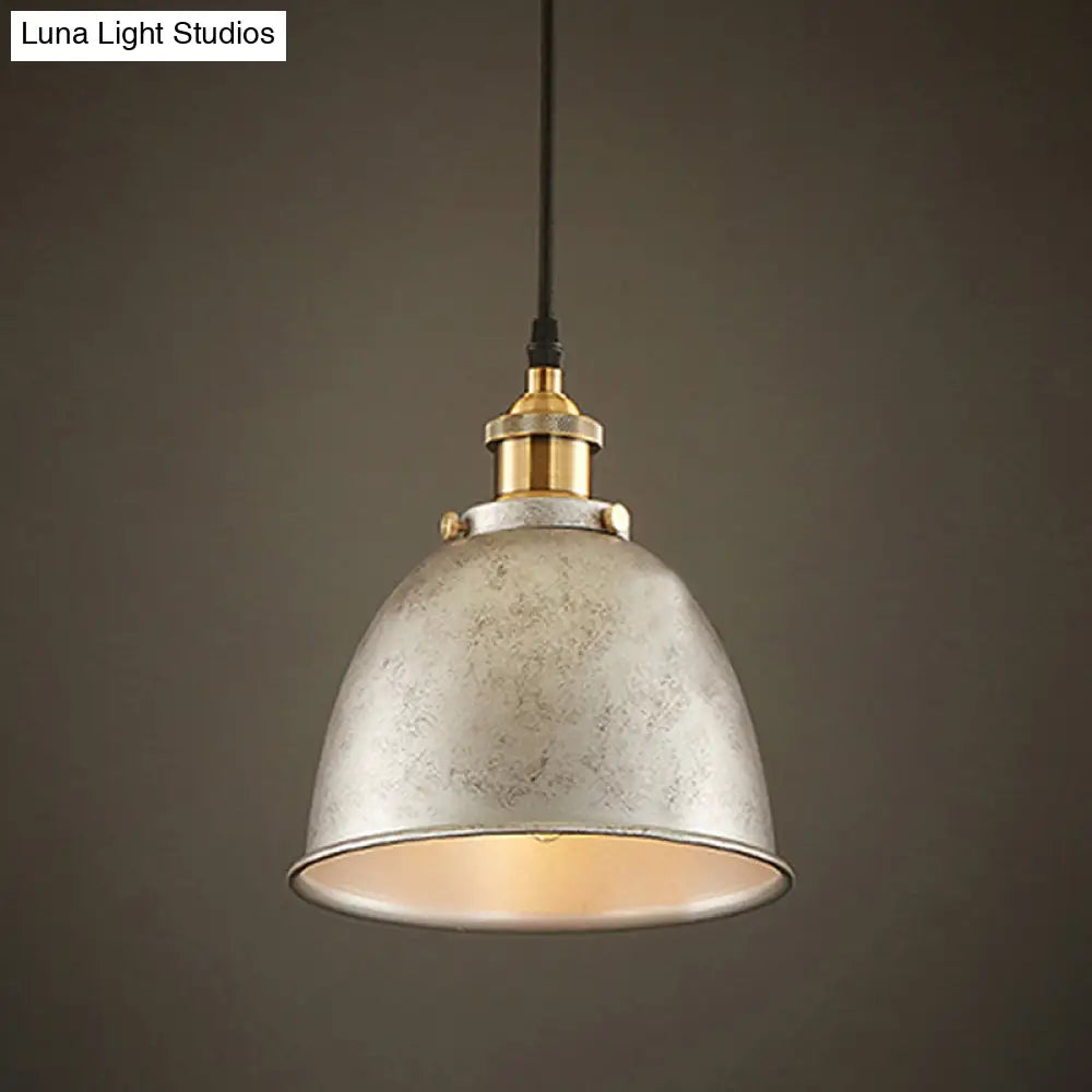 Antique Style Dome Pendant Lamp 1 Light Wrought Iron Hanging Fixture With Cord In Black/Rust Ivory