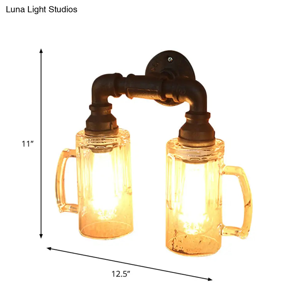 Antique Style Glass Beer Mug Wall Light With Water Pipe In Bronze/Black