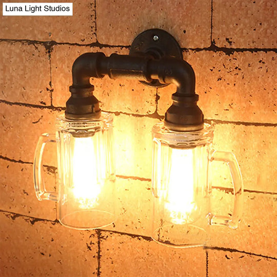 Antique Style Glass Beer Mug Wall Light With Water Pipe In Bronze/Black