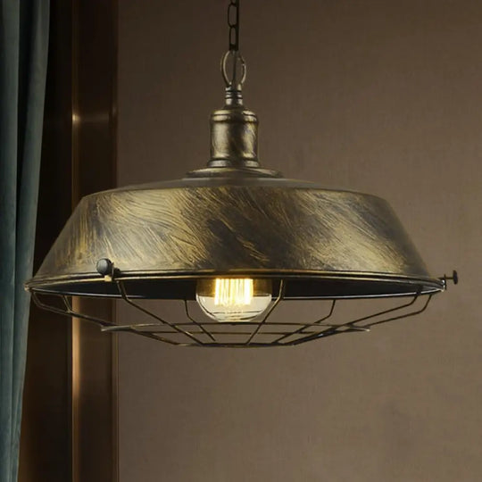 Antique Style Iron Barn Hanging Light With Wire Guard - 10’/14’/18’ Dia Brass/Bronze/Black