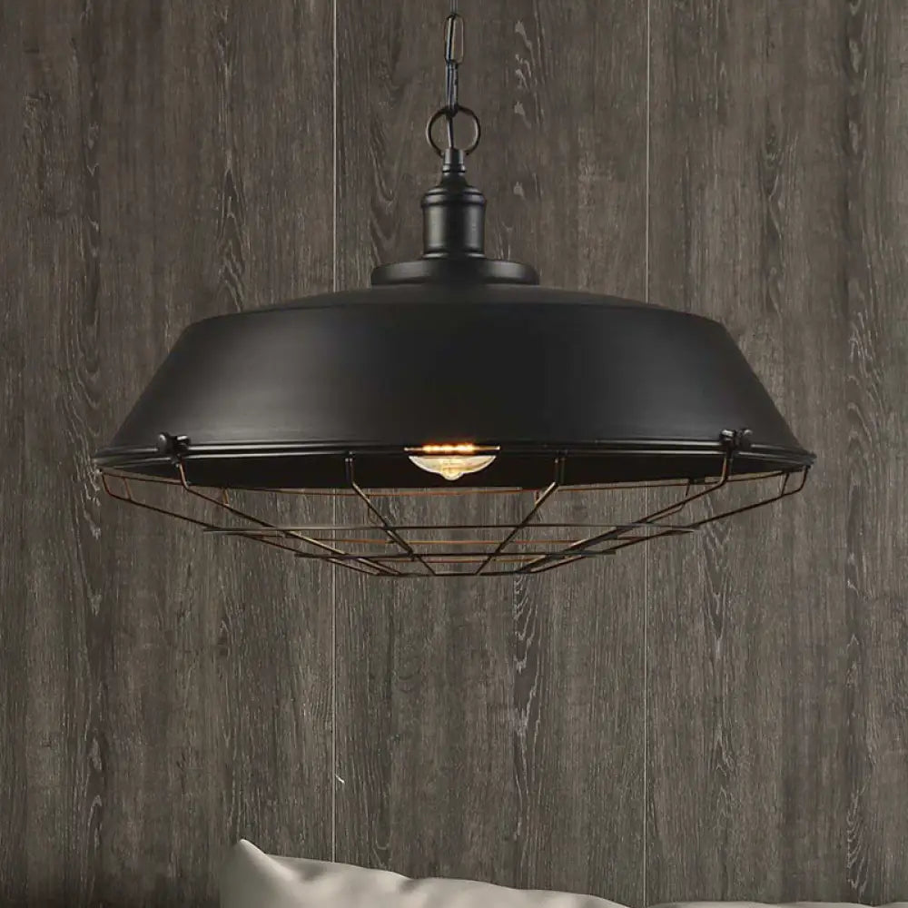 Antique Style Iron Barn Hanging Light With Wire Guard - 10’/14’/18’ Dia Brass/Bronze/Black