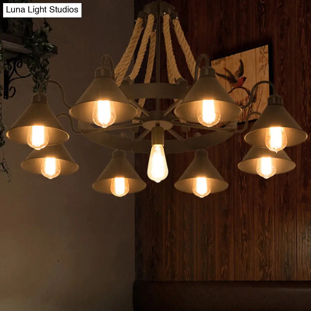 Antique Style Iron Restaurant Pendant Light Fixture - Black Conical Shade Chandelier With Hemp Rope