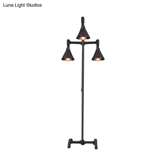 Antique-Style Iron Floor Lamp With 3 Lights Dark Rust Conical Shade And Elegant Pipe Design