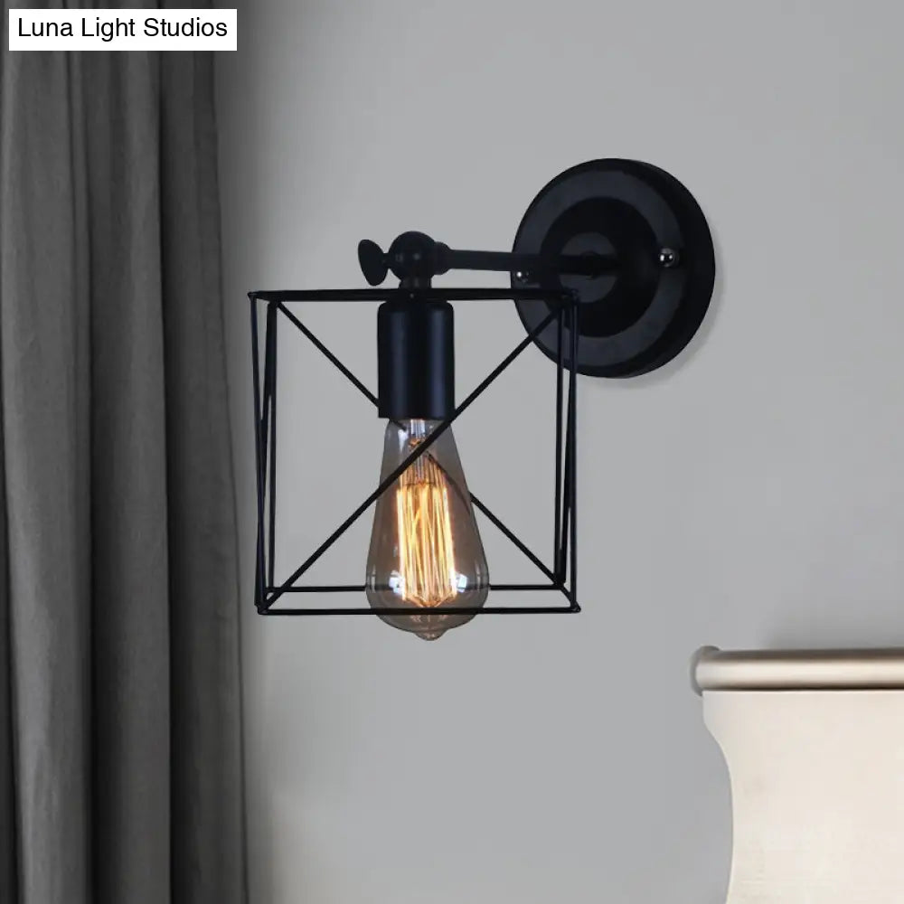 Antique Style Metal Wall Lamp With Black Cage Shade - Perfect For Bedroom