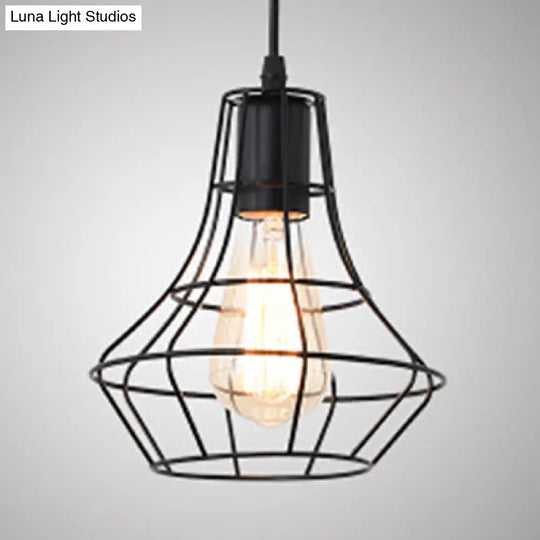 Antique-Style Open Cage Pendant Lamp In Black For Hallway / C