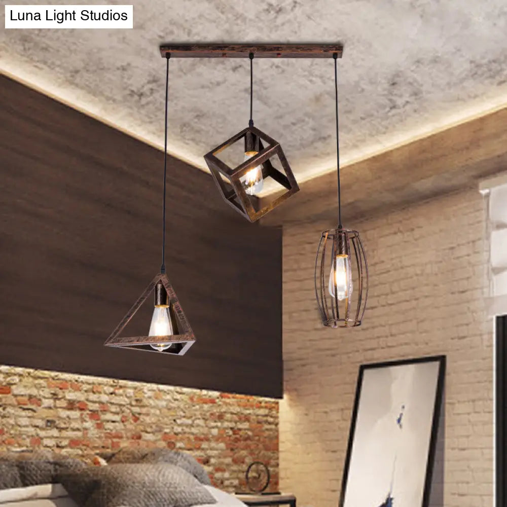 Caged Wrought Iron Pendant Lamp - Antique Style 3 Heads Dining Room Ceiling Light Rust / Linear