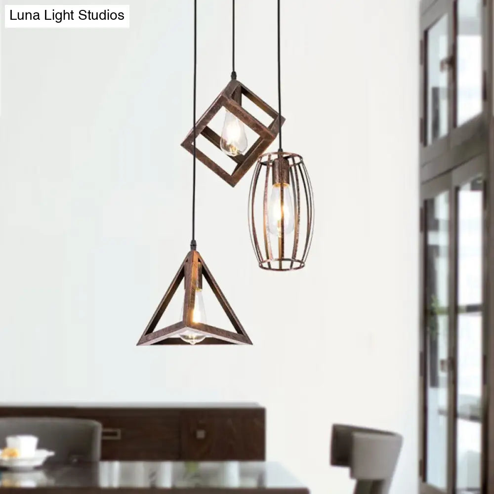 Caged Wrought Iron Pendant Lamp - Antique Style 3 Heads Dining Room Ceiling Light