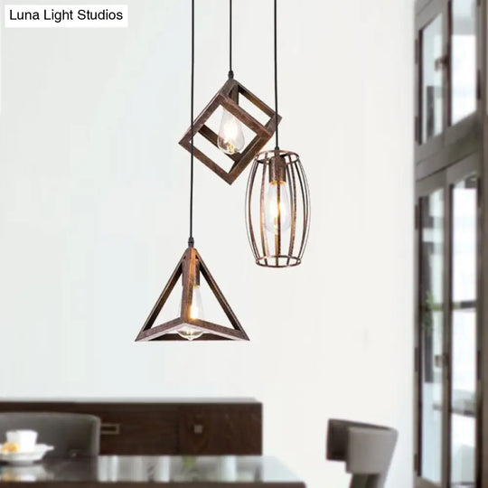 Caged Wrought Iron Pendant Lamp - Antique Style 3 Heads Dining Room Ceiling Light