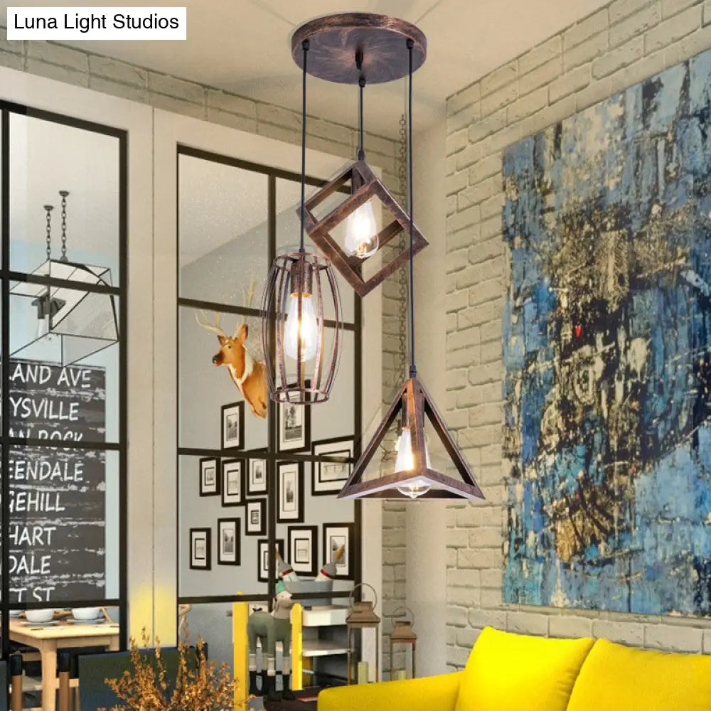 Antique Style Wrought Iron Pendant Lamp - 3-Head Caged Design For Dining Room Ceiling Rust Finish